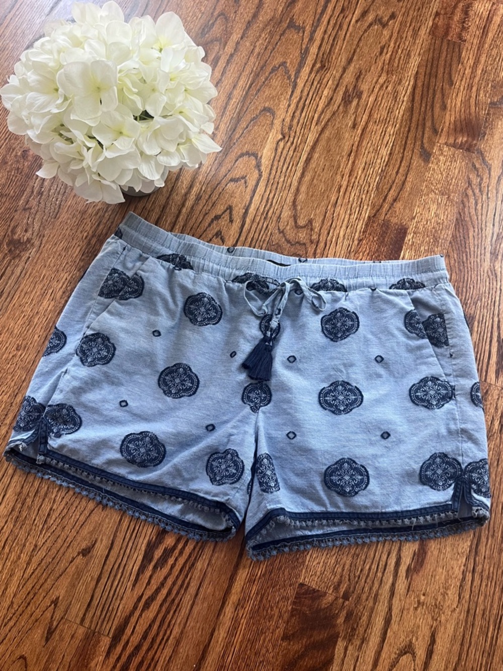 LOFT Light Blue Printed Pull-On Shorts with Navy Tassel